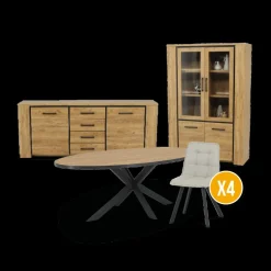 Woon- En Eetkamers|Ygo Eetkamer ANTONIO: Dressoir + Glaskast + Tafel 220x110 + 4x ALTEA Beige