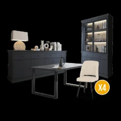 Woon- En Eetkamers|Ygo Eetkamer CASTELLO: Dressoir + Vitrinekast + Eettafel 180 + 4x Stoelen ALBA Plume