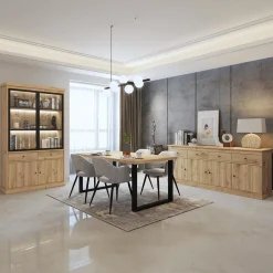 Woon- En Eetkamers|Ygo Eetkamer CASTELLO: Dressoir + Vitrinekast + Eettafel 210x98 + 4x Stoelen BARKER Natural