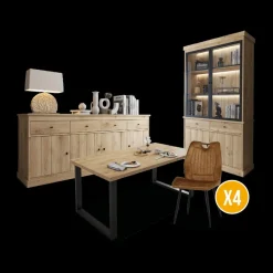 Woon- En Eetkamers|Ygo Eetkamer CASTELLO: Dressoir + Vitrinekast + Eettafel 180x98 + 4x Stoelen TOMASO Micro Cognac