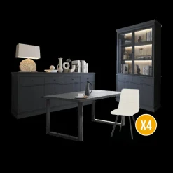 Woon- En Eetkamers|Ygo Eetkamer CASTELLO: Dressoir + Vitrinekast + Tafel 180x98 + 4X stoelen ERVI Cream