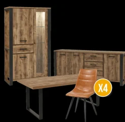 Woon- En Eetkamers|Ygo Eetkamer MADAGASCAR: Dressoir + Glaskast + Tafel 200x100 + 4 stoelen LORRY Cognac