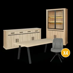 Woon- En Eetkamers|Ygo Eetkamer TEODOR: Dressoir + Vitrinekast + Eettafel ABBEY 200x100 + 4x stoelen INDIGO Mouse Grey