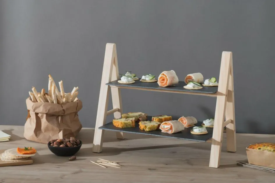 Tafelaccessoires|Servies|Ygo Etagère ARDOISE 2Niv. Leisteen/Bamboe