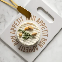 Servies|Tafelaccessoires|Ygo Serveerplank BON APPETIT M/Kaasmesje Wit/Goud